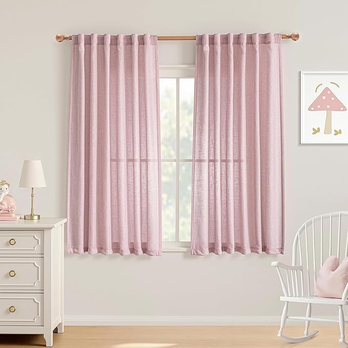 MYSKY HOME Pink Curtains for Girls Bedroom, Semi Sheer Nursery Curtains 63 Inch Length for Small Windows Boho Farmhouse Back Tab Soft Touch Light Filtering Drapes, 50" Wide, Light Pink, Sets of 2