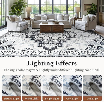 Rugflix 6x9 Area Rug for Living Room, Machine Washable Area Rugs with Non-Slip Backing, Large Soft Boho Vintage Rug for Bedroom, Dining Room, Low Pile Carpet, Kids Pet Friendly, Grey