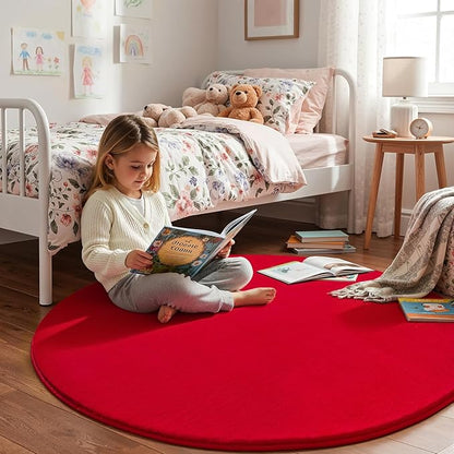 Amearea Red Round Area Rugs 5ft Washable Circle Rugs for Bedroom Living Room, Fluffy Indoor Thickened Memory Foam Rug, Non Slip Minimalist Circular Carpet for Kids Boys Girls Dorm Nursery Room Decor