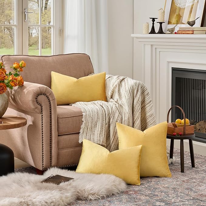GIGIZAZA Yellow Velvet 20x12 Lumbar Decorative Throw Pillow Covers for Sofa Bed 2 Pack Soft Cushion Cover