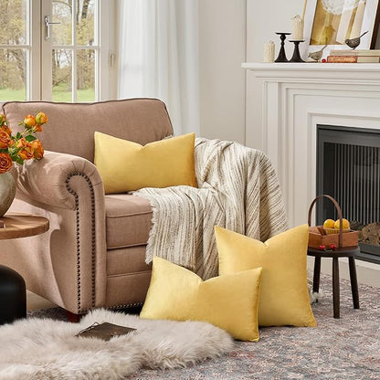 GIGIZAZA Yellow Velvet 20x12 Lumbar Decorative Throw Pillow Covers for Sofa Bed 2 Pack Soft Cushion Cover