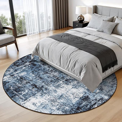 Rugflix Round Area Rugs 6Ft for Living Room, 6x6 Washable Rug Stain-Resistant Low Pile, Modern Dark Carpet for Dining Room Home Office Kid Room Nursery Bedroom, Navy Blue/Black
