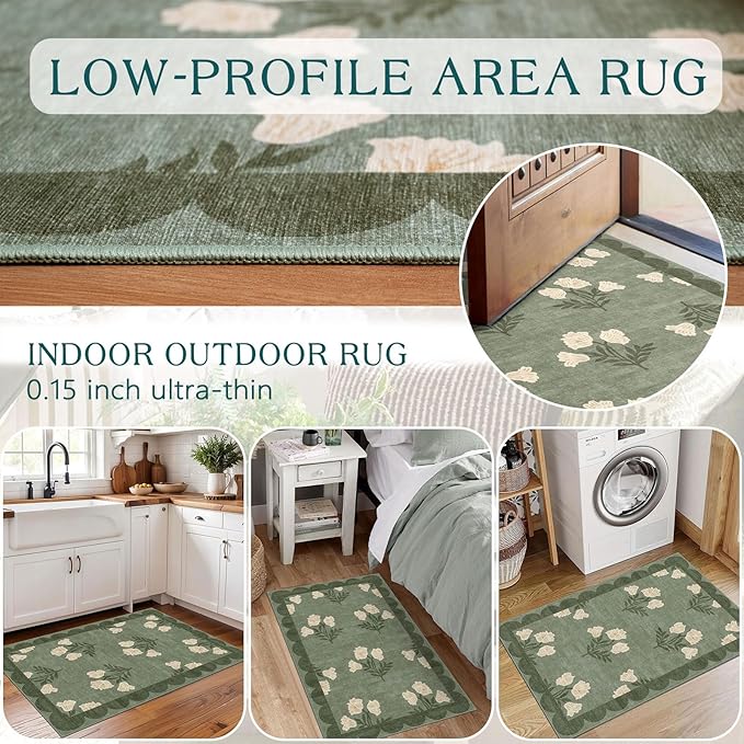 Front Door Mat Outside Entrance - 2x3 Floral Non-Slip Washable Doormat Indoor Outdoor Door Mat Spring Sage Green Floral Entry Rug Small Throw Rugs for Entryway Kitchen Front Porch Decor