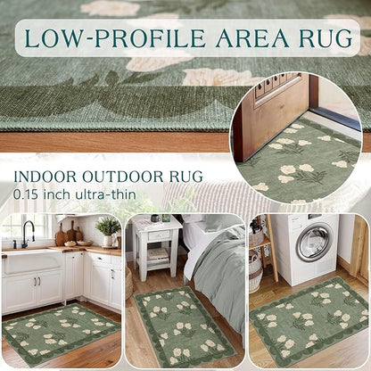 Front Door Mat Outside Entrance - 2x3 Floral Non-Slip Washable Doormat Indoor Outdoor Door Mat Spring Sage Green Floral Entry Rug Small Throw Rugs for Entryway Kitchen Front Porch Decor