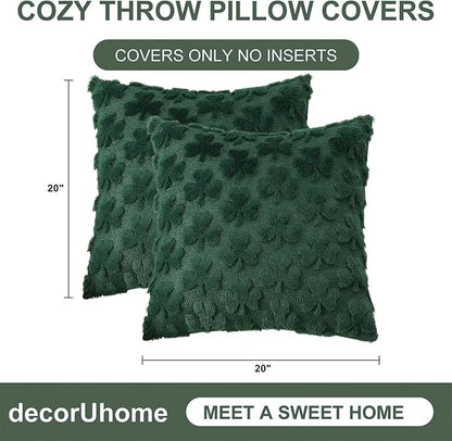 decorUhome St. Patrick’s Day Shamrock Green Pillow Covers 20x20 Inch Set of 2, Soft Plush Faux Wool Throw Pillow Covers, Farmhouse Spring Holiday Decor for Sofa Living Room