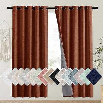 NICETOWN 100% Absolutely Blackout Linen Curtains with Thermal Insulated Liner, 62" Wide, 2 Panels, 63" Long Drapes, Grommet Retro Burnt Orange Linen Curtains Vertical Drapes Privacy for Kitchen