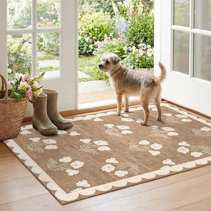 Floral Outdoor Rug - 28" x 43" Spring Front Door Mat Indoor Outside Entrance Non-Slip Washable Outdoor Mat Tan Boho Neutral Farmhouse Throw Rugs for Entryway Kitchen Bedroom Front Porch Decor