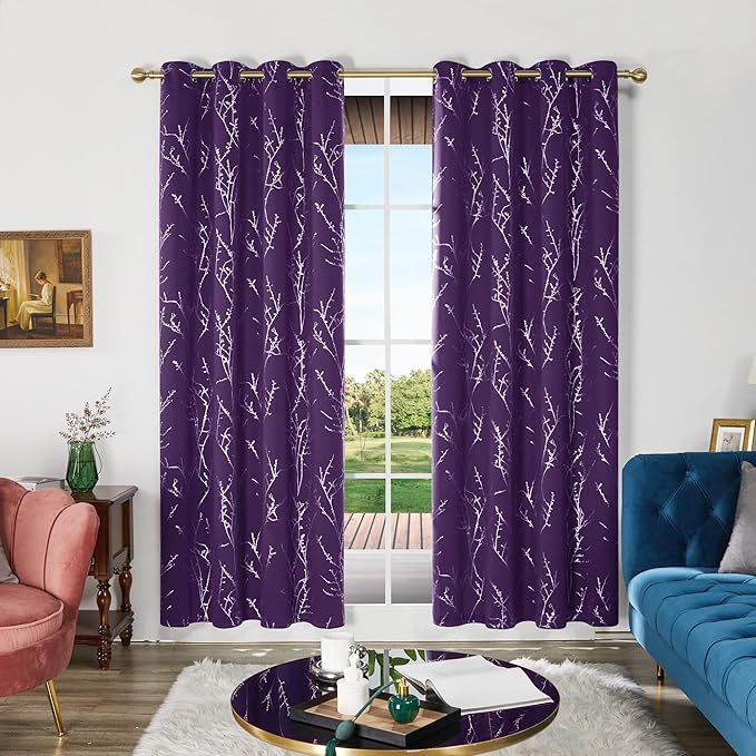 Deconovo Blackout Curtains, Purple Curtain, Thermal Insulated Soundproof Grommet Drapes, Silver Tree Foil Print, 52 x 95 Inch, 2 Panels, Machine Washable Window Panel for Living Room Bedroom Office