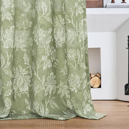 jinchan Linen Floral Curtains for Living Room with Printed Flower 84 Inches Long Light Filtering French Country Back Tab Rod Pocket Sage Green Window Curtain Set Farmhouse Drapes 2 Panels