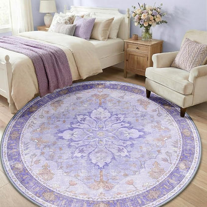 Area Rugs 6ft Washable Non-Slip, Floral Vintage Distress Print Pattern Medallion Carpet for Living Room Bedroom Dining Room, Light Purple Brown