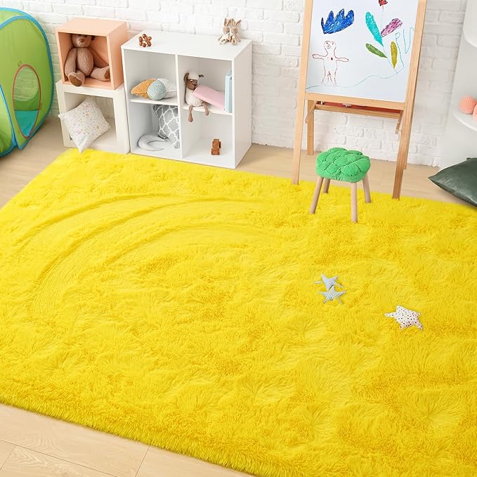 Amearea Premium Soft Fluffy Rug 4x5.3 Feet, Fuzzy Area Rugs for Bedroom, Shag Carpet for Living Room Nursery Kids Room Decor, Comfortable Indoor Furry Dorm Carpets, Yellow