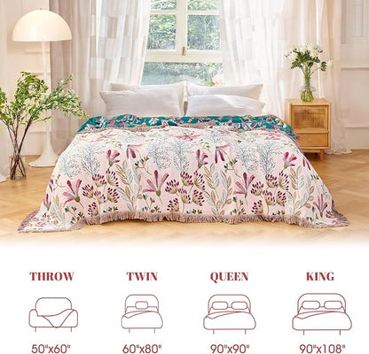 MSGKV Boho Throw Blanket for Couch 50"x60" Floral 100% Cotton Blanket Spring Breathable Lightweight Farmhouse Flower Blankets for Sofa Home Decor Muslin All Seasons