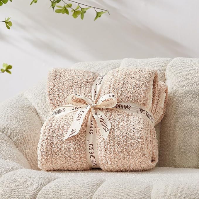 Snuggle Sac Super Soft & Reversible Heather Beige Throw - Oversized Cozy Knit Blanket for Bed, Sofa, Living Room, Twin Size (60x80 Inches)