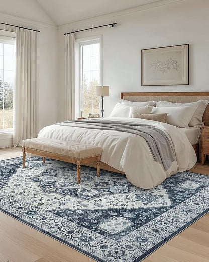 AMADA HOMEFURNISHING 8x10 Area Rug, Washable Low-Profile Large Area Rug with Non-Slip Backing & Durable Edge Binding, Vintage Large Rugs for Living Room, Bedroom