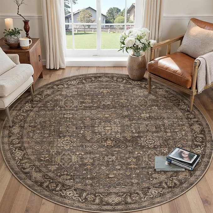 5x5 Washable Round Rug for Living Room Bedroom Vintage Brown Soft Low Pile Carpet Traditional Retro Non Slip Cirlce Rug for Dining Room Entryway Indoor Dorm Kitchen