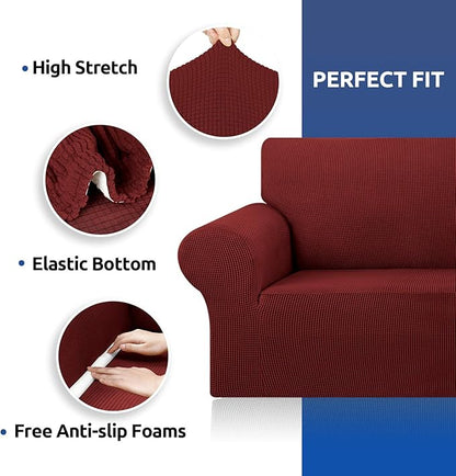 KEKUOU Stretch Oversized Sofa Slipcover 1 Piece Couch Sofa Cover (94"-110") Furniture Protector 4 Seater Sofa with Elastic Bottom for Kid,Pet.Jacquard Checked Pattern Fabric(X Large,Dark Red)