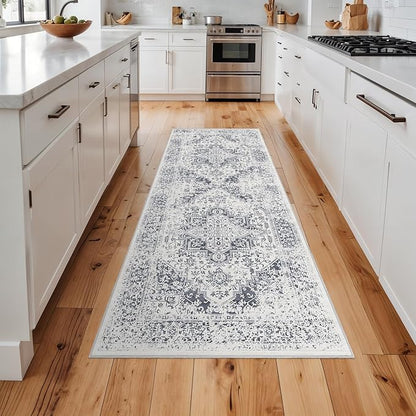 Hallway 2x5 Runner Rug - Vintage Non-Slip Long Rugs for Entryway Low-Pile Washable Medallion Runner Rugs for Hallway Waterproof Traditional Runner Rugs Indoor Thin Rug for Kitchen (Grey)