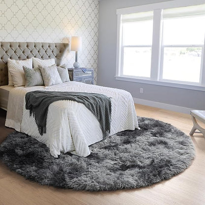 ONASAR Tie-Dyed Dark Grey Round Area Rugs 5ft, Ultra Soft Bedroom Circle Rug for Kids Girls Teen Room, Fluffy Plush Shaggy Carpet Floor Mats for Baby Nursery Living Room Playroom Home Decor