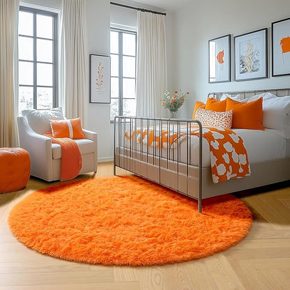 Amdrebio Orange Circle Round Rug 6Ft for Living Room Bedroom, Fluffy Furry Shag Area Rugs for Kids Room Decor Aesthetic, Cute Fuzzy Plush Shaggy Carpet for Baby Nursery Dorm Playroom, Teen Girls Boys
