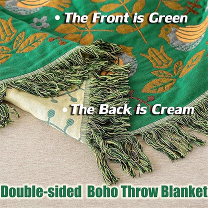 Green Fall Blanket 60''x 80'' Boho Throw Blankets for Couch Bed Chair,100% Cotton Quilts Christmas Warm Soft Blanket Muslin Bed Blankets Farmhouse Decoration