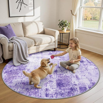 Washable Area Rugs 6ft Non-Slip Modern Abstract Soft for Living Room Entryway Bedroom Nursery, Print Pattern, Purple Gray Pink White