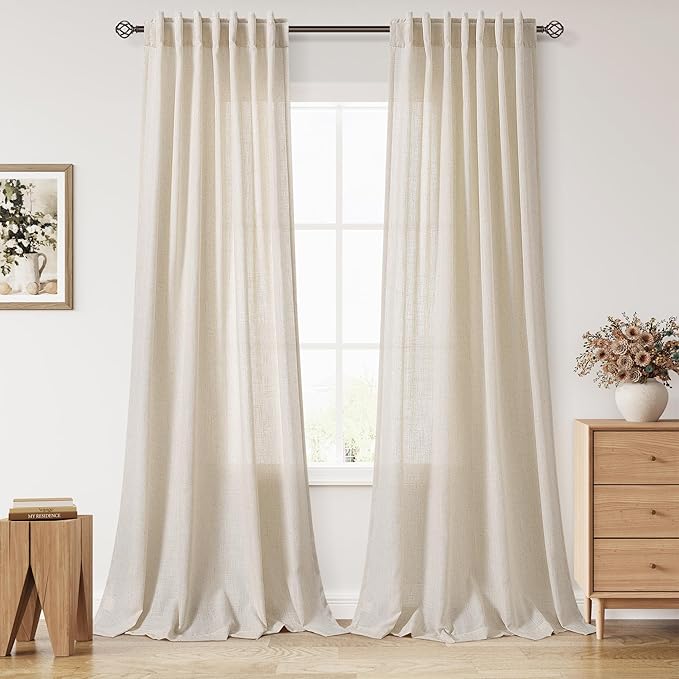 Nanspring 102 Inch Long Curtains for Living Room Cream Beige Linen Light Filtering Semi Sheer Curtain Back Tab Modern Farmhouse Decor Floor to Ceiling Coastal Drapes for Bedroom 52x102, 2 Panels