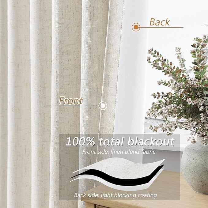Guken Cream 100% Blackout Linen Curtains 100 Inch Wide by 96 Inch for Living Room Bedroom Back Tab Thermal Insulated Black Out 1 Drapes Room Darkening Window Curtains,1 Panel