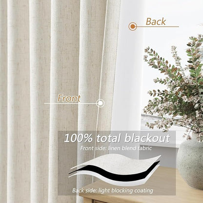 Guken Cream 100% Blackout Linen Curtains 100 Inch Wide by 96 Inch for Living Room Bedroom Back Tab Thermal Insulated Black Out 1 Drapes Room Darkening Window Curtains,1 Panel