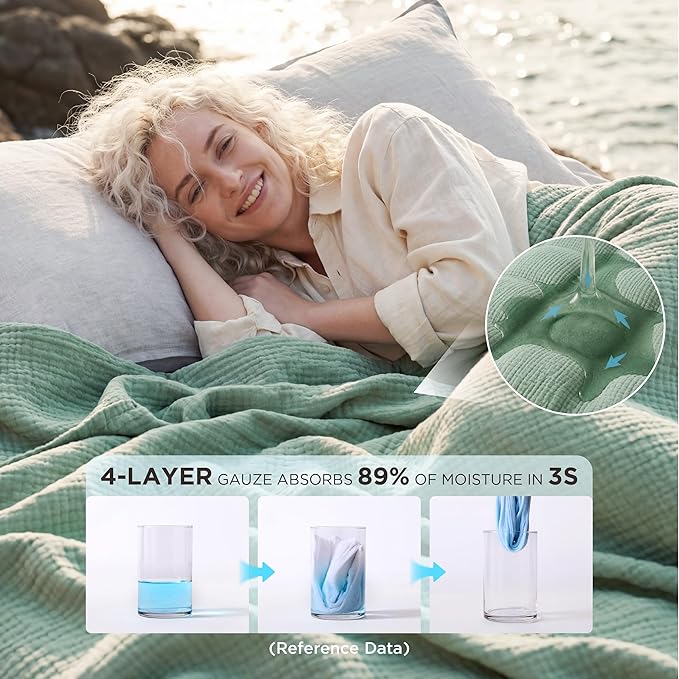 Bedsure 100% Cotton Muslin Blanket Queen Size for Bed - 4-Layer Breathable and Lightweight Thin Soft Summer Gauze Muslin Blankets for Adults, Sage Green, 90x90 Inches