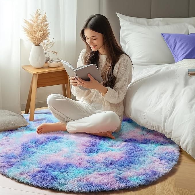 ONASAR Rainbow Round Area Rugs 5ft, Soft Bedroom Circle Rug Mats for Kids Girls Teen Room, Mermaid Fluffy Plush Shaggy Carpet for Baby Nursery Living Room Playroom Home Decor Princess Castle