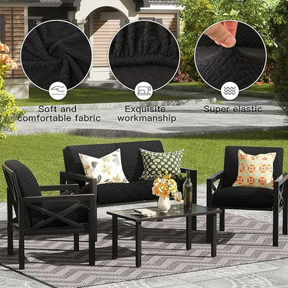 8Pcs Outdoor Cushion Covers, Patio Cushion Covers,Stretch Elastic Slipcovers, Replacement Washable & Reusable Furniture Protector for Patio Couch,Thick Jacquard Textured Twill Fabric(Black,Cover Only)