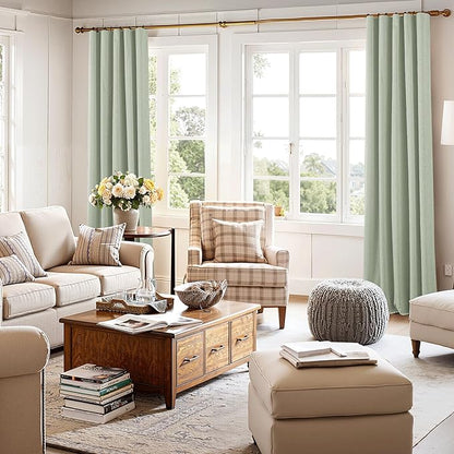 RYB HOME 100% Blackout Sage Green Linen Curtains, Light & Heat Blocking Thermal Privacy Protection Neutral Window Drapes for Living Room Bedroom, 52" W x 84" L, 2 Panels Set