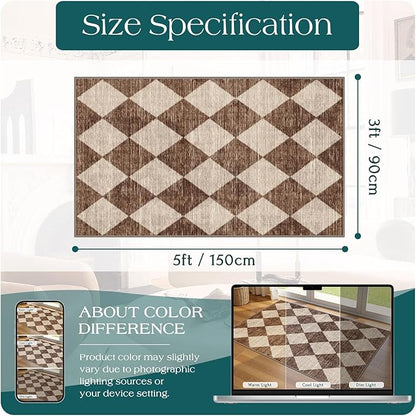 Brown Beige Checkered Entry Rug - 3x5 Non-Slip Washable Indoor Outdoor Front Door Mat Porch Rug Farmhouse Diamond Throw Carpet for Living Room Bedroom Entryway Kitchen Office Fall Porch Decor