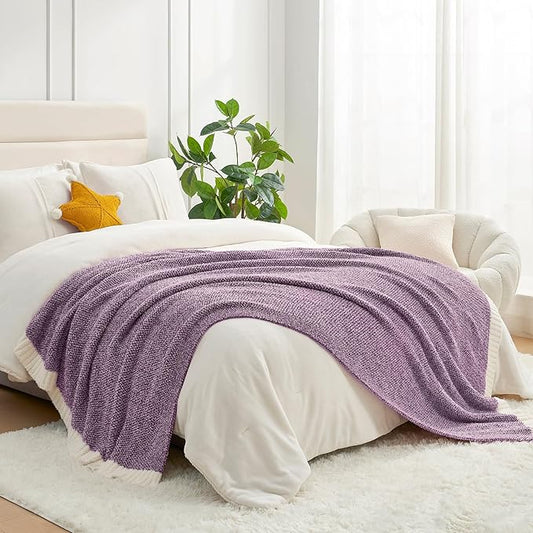 Snuggle Sac Super Soft Purple Blanket Reversible Twin Size for Bed and Sofa, Warm Cozy Knit Blankets Fuzzy Plush, Heather Purple, 60x80 inches