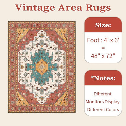 SERISSA Area Rug 4x6 Boho Rugs for Bedroom, Vintage Orange Washable Non Slip Rug, Ultra Soft Print Distressed Low-Pile Throw Rug Carpet for Nursery Dorm Kitchen Living Room Decor