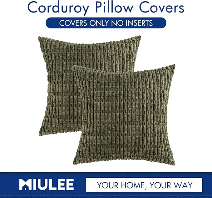 MIULEE Pack of 2 Spring Corduroy Decorative Euro Sham Throw Pillow Covers 24x24 Inch Soft Boho Striped Pillow Covers Modern Farmhouse Home Decor for Summer Sofa Living Room Couch Bed Olive Green