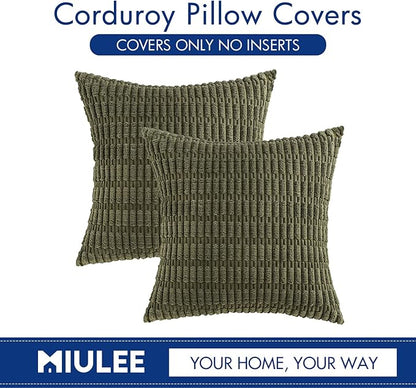 MIULEE Pack of 2 Spring Corduroy Decorative Euro Sham Throw Pillow Covers 24x24 Inch Soft Boho Striped Pillow Covers Modern Farmhouse Home Decor for Summer Sofa Living Room Couch Bed Olive Green