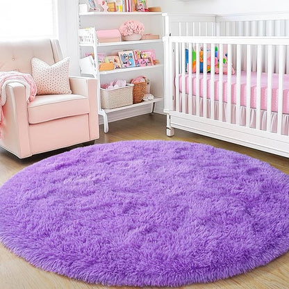 3'x3' Purple Round Rug for Bedroom, Ultra Soft Fluffy Circle Rug for Kids Girls Boys Room, Cute Small Shag Rugs for Living Room Playroom Teen Room Home Decor Rug