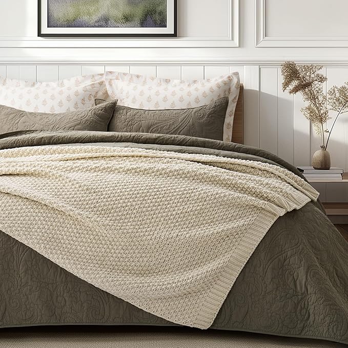 EVERGRACEHOME Chunky Chenille Knit Throw Blanket for Couch, Soft Luxurious Moss Stitch Blankets for Bed, Cozy Decorative Farmhouse Knitted Throws for Sofa, Beige, 50" x 60"