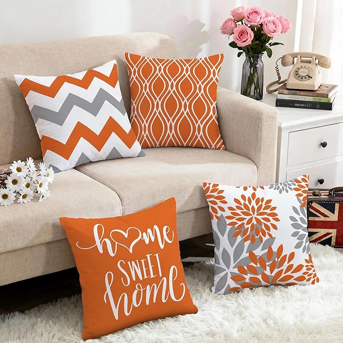 Hexagram Geometric Orange Pillow Covers 16x16 Set of 4, Decorative Outdoor Boho Modern Throw Pillow Covers, Home Sweet Home Farmhouse Cushion Case for Couch Sofa Bedroom Indoor Decor(No Insert)