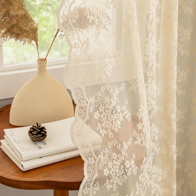 YJ YANJUN Vintage Lace Curtains 108 Inches Long-Victorian Floral Beige Sheer Curtains for Living Room Bedroom Light Filtering Drapes Antique Shabby Chic Cottage Core Decor 9ft W52 X L108 Light Brown