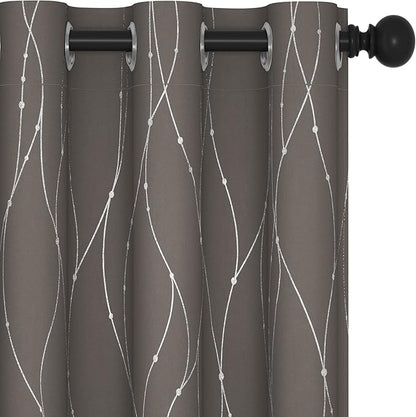 Deconovo Blackout Curtains, Thermal Insulated Soundproof Grommet Drapes, Wave Dots Silver Print, 42 x 45 Inch, Set of 2, Machine Washable Window Panel for Kitchen Bedroom Living Room Nursery, Taupe