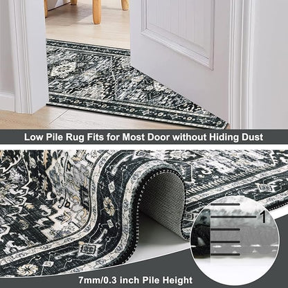 Yamaziot Washable Runner Rug, 2x8 Non-Slip Boho Vintage Hallway Rug Runner with Rubber Backing, Stain Resistant & Low Pile Distressed Carpet Runner for Bedroom, Kitchen, Laundry, Entrance, Black