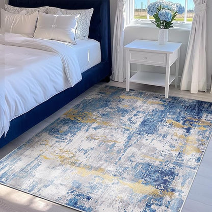 Washable Area Rugs 4'x5' Non-Slip Modern Abstract Soft for Living Room Entryway Bedroom Nursery, Print Pattern, Grey Blue Gold/Golden