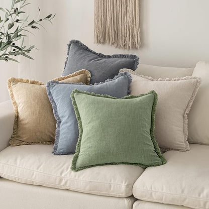 MIULEE Decorative Throw Pillow Covers Neutral Linen Fringe Throw Pillows Euro Shams Set of 2 Sage Green Boho Farmhouse Cushion Covers for Couch Sofa Bed Living Room Spring Home Decor 24x24 Inch