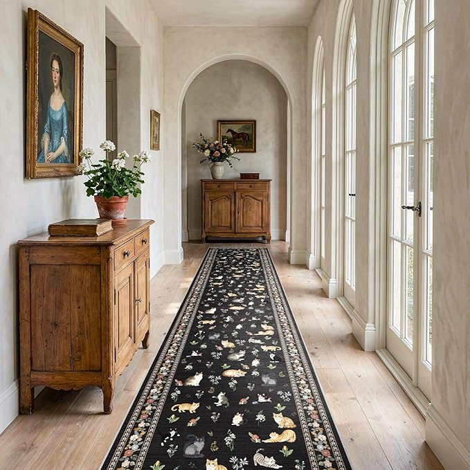 2x12 Washable Hallway Runner Rug - Soft Low Pile Floral Animal Cat Print Rugs with Non-Slip Backing Waterproof Stain-Resistant Indoor Carpet for Kitchen Entryway Bathroom Bedroom (Black)