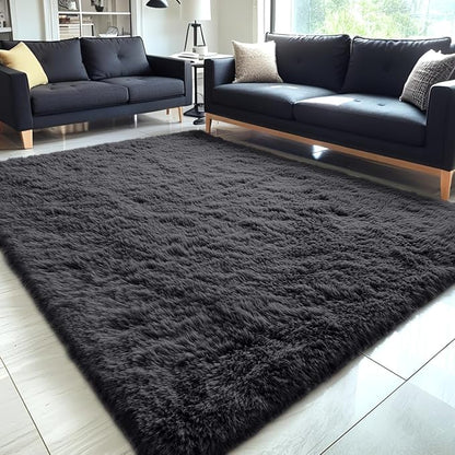 OLANLY 5x10 Machine Washable Large Area Rugs for Living Room, Bedroom, Soft Fluffy Shaggy Bedside Rug, Indoor Floor Carpet for Kids Girls and Boys, Dorms, Nursery, Home Decor Aesthetic, Black