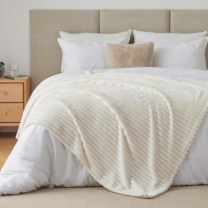 BEDELITE Twin Blanket for Couch & Bed, 300GSM Soft & Warm Fleece Blanket, Decorative and Giftable Striped Cream White Blankets for Women, Men, 60"x80"