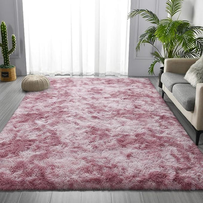 Deerhoo Shag Area Rug, 4 X 6 Tie-Dyed Plush Fuzzy Rugs for Living Room, Ultra Soft Fluffy Furry Rug for Bedroom, Indoor Carpet Nursery Rugs for Kids Room Home Decor, Pink Purple