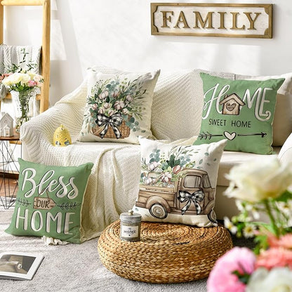 AVOIN colorlife Bless Our Home Farmhouse Eucalyptus Leaves Throw Pillow Covers, 16 x 16 Inch Green Truck Home Sweet Cushion Case Decorations Set of 4